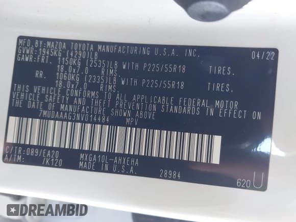 ✅ 2022 Toyota Corolla Cross XLE • VIN: 7MUDAAAG3NV014484 • Lot: 43761950. Listed on IAAI with 34,507 mi. Free auction sales archive from the USA and detailed vehicle history report at DreamBid. Image 9.