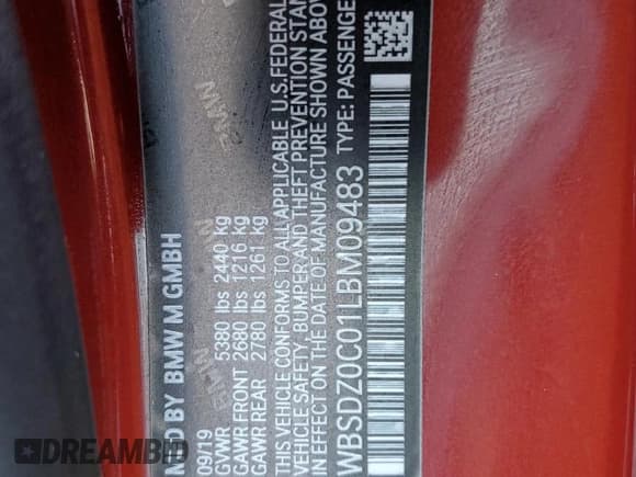 ✅ 2020 BMW M8 • VIN: WBSDZ0C01LBM09483 • Lot: 73933014. Listed on Copart with 8,389 mi. Free auction sales archive from the USA and detailed vehicle history report at DreamBid. Image 13.