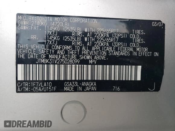 ✅ 2007 Toyota RAV4 Limited • VIN: JTMBK31V275028099 • Lot: 93203765. Wystawiony na Copart z przebiegiem 180 808 mil. Bezpłatny archiwum sprzedaży aukcyjnych z USA i szczegółowy raport historii pojazdu na DreamBid. Zdjęcie 13.