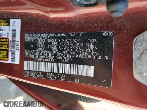 ✅ 2010 Toyota Tundra Limited • VIN: 5TFHW5F16AX095641 • Lot: 57283785. Listed on Copart with Not provided. Free auction sales archive from the USA and detailed vehicle history report at DreamBid. Image 12.