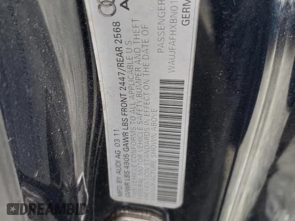 ✅ 2011 Audi A5 Premium Plus • VIN: WAUJFAFHXBN015601 • Lot: 42585065. Listed on Copart with 174,452 mi. Free auction sales archive from the USA and detailed vehicle history report at DreamBid. Image 12.