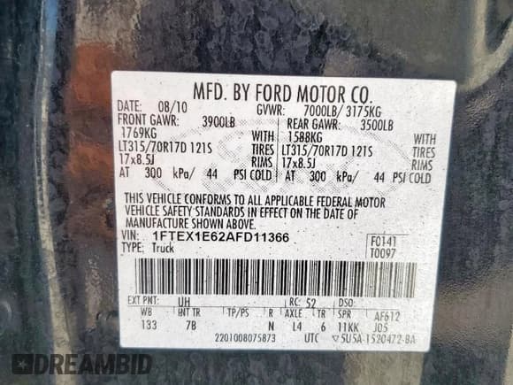 ✅ 2010 Ford F-150 SVT Raptor • VIN: 1FTEX1E62AFD11366 • Lot: 66279435. Wystawiony na Copart z przebiegiem 178 728 mil. Bezpłatny archiwum sprzedaży aukcyjnych z USA i szczegółowy raport historii pojazdu na DreamBid. Zdjęcie 12.