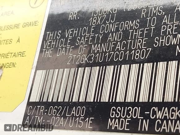 ✅ 2007 Lexus RX 350 • VIN: 2T2GK31U17C011807 • Lot: 43893409. Listed on IAAI with 219,463 mi. Free auction sales archive from the USA and detailed vehicle history report at DreamBid. Image 9.