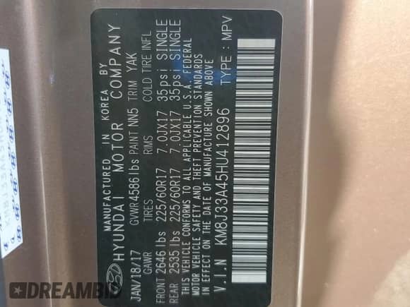 2017 Hyundai Tucson SE Plus z VIN KM8J33A45HU412896, wystawiony jako Copart lot #80214285 z przebiegiem 117 842 mil mil oraz Szkoda całkowita • Salvage title. Historia ofert i sprzedaży dostępna na DreamBid. Obrazek 14.