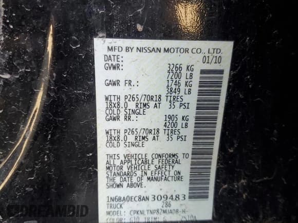 ✅ 2010 Nissan Titan SE • VIN: 1N6BA0EC8AN309483 • Lot: 60492965. Listed on Copart with 206,083 mi. Free auction sales archive from the USA and detailed vehicle history report at DreamBid. Image 12.