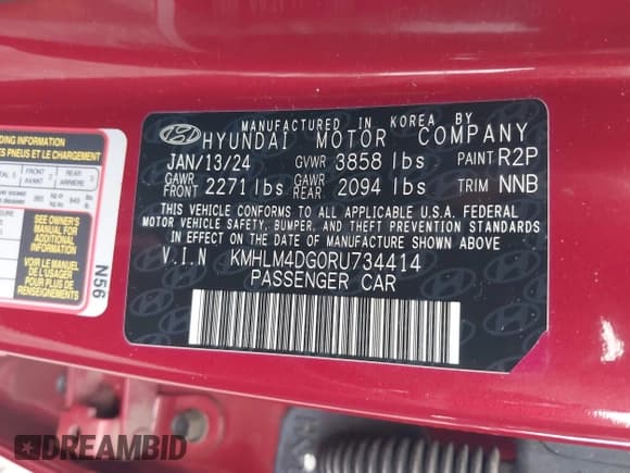 ✅ 2024 Hyundai Elantra SEL • VIN: KMHLM4DG0RU734414 • Lot: 43235886. Listed on IAAI with 13,874 mi. Free auction sales archive from the USA and detailed vehicle history report at DreamBid. Image 9.