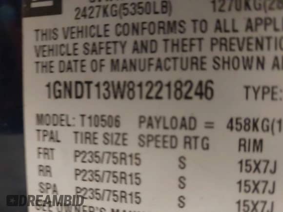 2001 Chevrolet Blazer LT with VIN 1GNDT13W812218246, listed as a IAAI auction lot 41287428 with Not provided miles and . Bid and sale history available at DreamBid. Image 9.