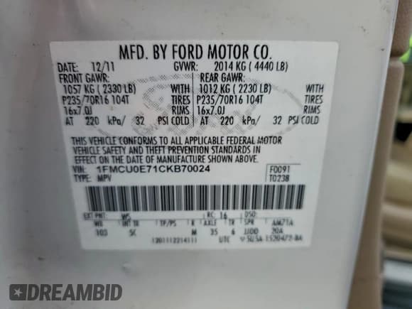 ✅ 2012 Ford Escape Limited • VIN: 1FMCU0E71CKB70024 • Lot: 93072795. Wystawiony na Copart z przebiegiem 216 509 mil. Bezpłatny archiwum sprzedaży aukcyjnych z USA i szczegółowy raport historii pojazdu na DreamBid. Zdjęcie 13.