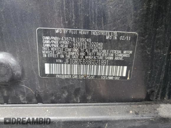 ✅ 2011 Subaru WRX WRX Limited • VIN: JF1GR7E68BG821891 • Lot: 85748515. Listed on Copart with 146,668 mi. Free auction sales archive from the USA and detailed vehicle history report at DreamBid. Image 13.