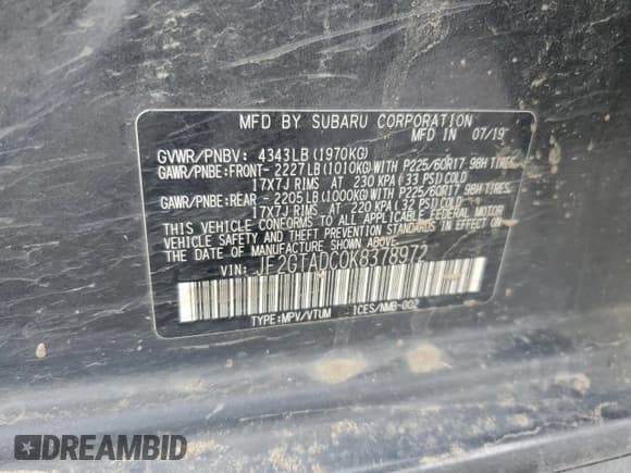 ✅ 2019 Subaru Crosstrek Premium • VIN: JF2GTADC0K8378972 • Lot: 91031165. Listed on Copart with 79,856 mi. Free auction sales archive from the USA and detailed vehicle history report at DreamBid. Image 13.