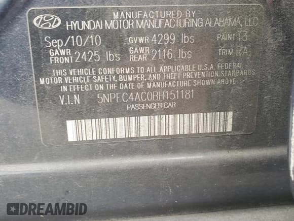 ✅ 2011 Hyundai Sonata SE • VIN: 5NPEC4AC0BH151181 • Lot: 72434964. Listed on Copart with 193,913 mi. Free auction sales archive from the USA and detailed vehicle history report at DreamBid. Image 12.