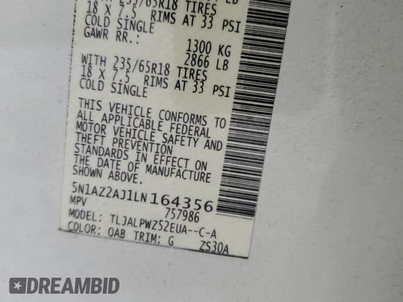 ✅ 2020 Nissan Murano S • VIN: 5N1AZ2AJ1LN164356 • Лот: 90854175. Опубликован ранее на Copart с пробегом Не указан. Бесплатный доступ к архиву аукционных продаж из США и подробный отчёт об истории автомобиля на DreamBid. Изображение 14.