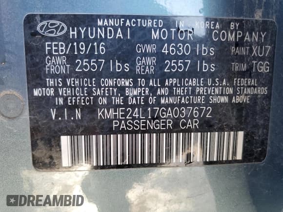 ✅ 2016 Hyundai Sonata SE • VIN: KMHE24L17GA037672 • Lot: 38761553. Listed on Copart with 47,885 mi. Free auction sales archive from the USA and detailed vehicle history report at DreamBid. Image 12.