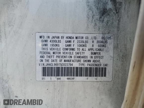 ✅ 2005 Acura TSX • VIN: JH4CL96975C023794 • Lot: 90039975. Listed on Copart with 181,145 mi. Free auction sales archive from the USA and detailed vehicle history report at DreamBid. Image 12.