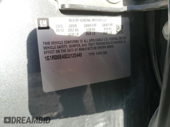 ✅ 2012 Chevrolet Volt • VIN: 1G1RD6E40CU125449 • Lot: 77386054. Wystawiony na Copart z przebiegiem 180 211 mil. Bezpłatny archiwum sprzedaży aukcyjnych z USA i szczegółowy raport historii pojazdu na DreamBid. Zdjęcie 12.