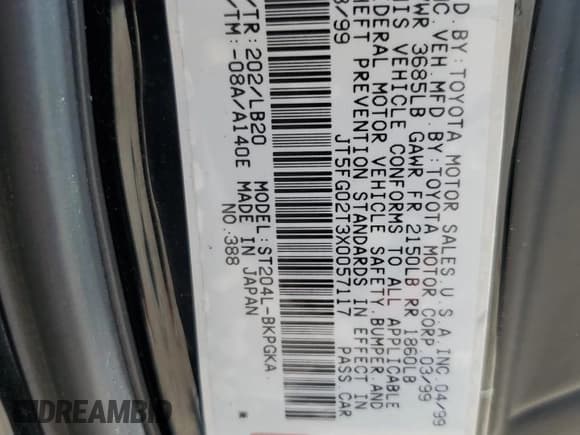 ✅ 1999 Toyota Celica GT • VIN: JT5FG02T3X0057117 • Lot: 59046355. Listed on Copart with 136,404 mi. Free auction sales archive from the USA and detailed vehicle history report at DreamBid. Image 13.