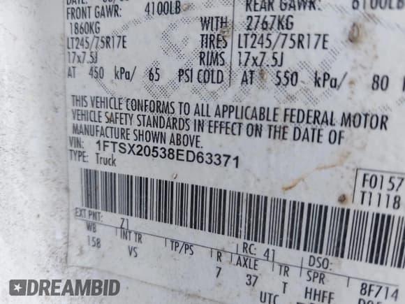 ✅ 2008 Ford F-250 XL • VIN: 1FTSX20538ED63371 • Lot: 41998949. Listed on IAAI with 291,521 mi. Free auction sales archive from the USA and detailed vehicle history report at DreamBid. Image 9.