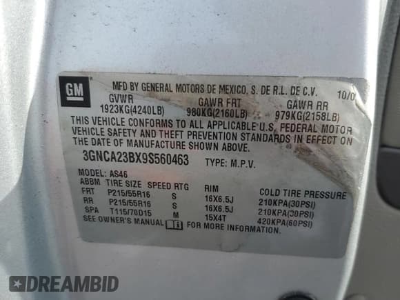 ✅ 2009 Chevrolet HHR 1LT • VIN: 3GNCA23BX9S560463 • Lot: 85167164. Listed on Copart with 197,583 mi. Free auction sales archive from the USA and detailed vehicle history report at DreamBid. Image 13.