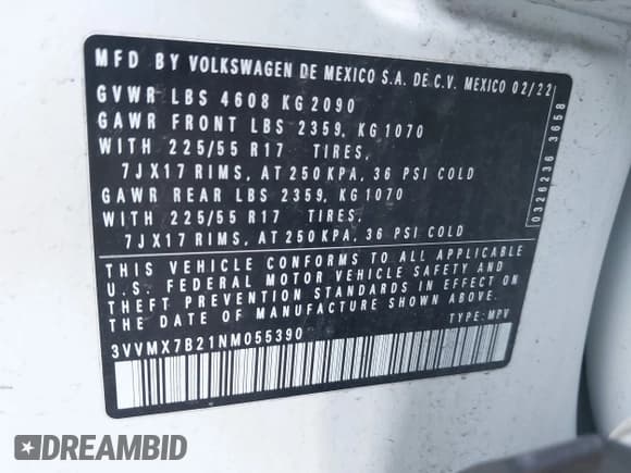 ✅ 2022 Volkswagen Taos S • VIN: 3VVMX7B21NM055390 • Лот: 42392357. Опубликован ранее на IAAI с пробегом 64 677 миль. Бесплатный доступ к архиву аукционных продаж из США и подробный отчёт об истории автомобиля на DreamBid. Изображение 9.