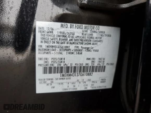 ✅ 2007 Mercury Montego Premier • VIN: 1MEHM43137G610882 • Лот: 45002485. Опубликован ранее на Copart с пробегом 197 166 миль. Бесплатный доступ к архиву аукционных продаж из США и подробный отчёт об истории автомобиля на DreamBid. Изображение 12.