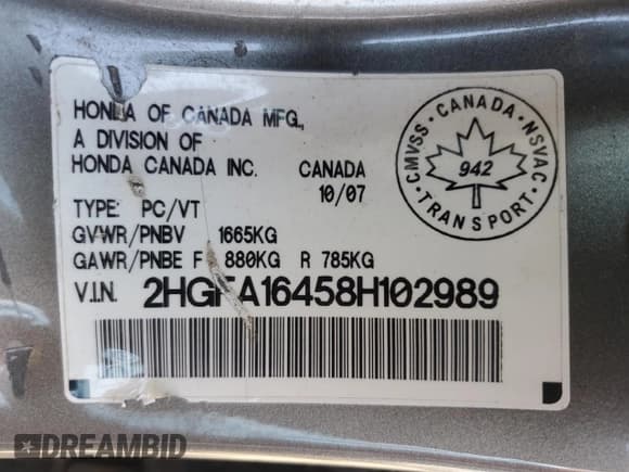 ✅ 2008 Honda Civic DX-G • VIN: 2HGFA16458H102989 • Lot: 69630235. Listed on Copart with 248,771 mi. Free auction sales archive from the USA and detailed vehicle history report at DreamBid. Image 13.