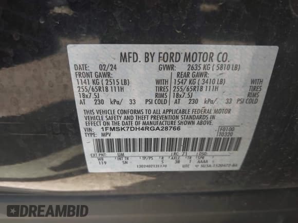 ✅ 2024 Ford Explorer XLT • VIN: 1FMSK7DH4RGA28766 • Lot: 42376209. Wystawiony na IAAI z przebiegiem 37 495 mil. Bezpłatny archiwum sprzedaży aukcyjnych z USA i szczegółowy raport historii pojazdu na DreamBid. Zdjęcie 9.