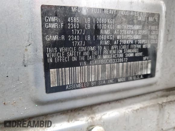 ✅ 2011 Subaru Outback Premium • VIN: 4S4BRBGCXB3338612 • Lot: 91410945. Listed on Copart with Not provided. Free auction sales archive from the USA and detailed vehicle history report at DreamBid. Image 14.