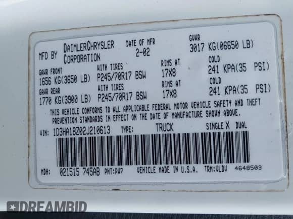 2002 Dodge 1500 ST z VIN 1D3HA18Z02J210613, wystawiony jako IAAI lot #41607497 z przebiegiem 196 935 mil mil oraz . Historia ofert i sprzedaży dostępna na DreamBid. Obrazek 9.