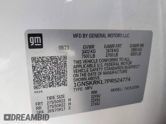 2023 Chevrolet Tahoe RST z VIN 1GNSKRKL7PR524774, wystawiony jako IAAI lot #42086221 z przebiegiem 38 124 mil mil oraz . Historia ofert i sprzedaży dostępna na DreamBid. Obrazek 9.