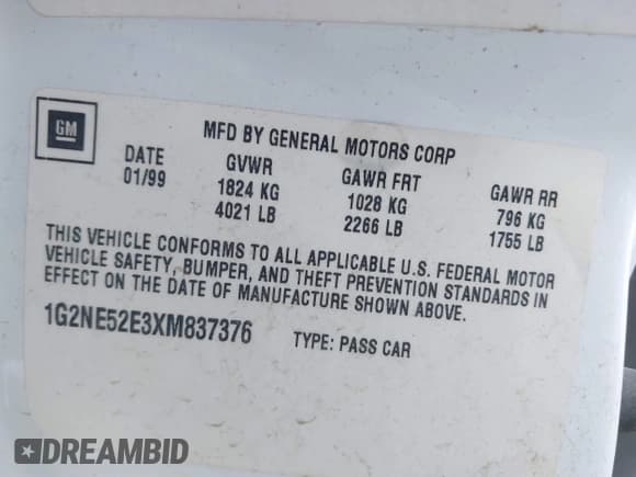 ✅ 1999 Pontiac Grand Am SE1 • VIN: 1G2NE52E3XM837376 • Lot: 41552372. Listed on IAAI with Not provided. Free auction sales archive from the USA and detailed vehicle history report at DreamBid. Image 9.