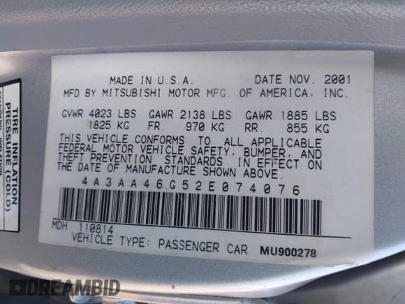 ✅ 2002 Mitsubishi Galant ES • VIN: 4A3AA46G52E074076 • Лот: 41302075. Опубликован ранее на IAAI с пробегом 174 960 миль. Бесплатный доступ к архиву аукционных продаж из США и подробный отчёт об истории автомобиля на DreamBid. Изображение 9.