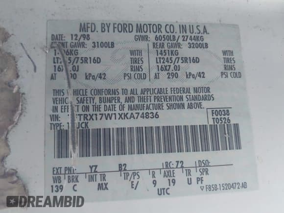 ✅ 1999 Ford F-150 • VIN: 1FTRX17W1XKA74836 • Lot: 43918174. Listed on IAAI with Not provided. Free auction sales archive from the USA and detailed vehicle history report at DreamBid. Image 9.