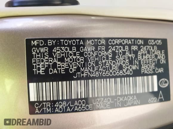 ✅ 2005 Lexus SC 430 • VIN: JTHFN48Y650068340 • Лот: 43866639. Опубликован ранее на IAAI с пробегом 93 302 миль. Бесплатный доступ к архиву аукционных продаж из США и подробный отчёт об истории автомобиля на DreamBid. Изображение 9.