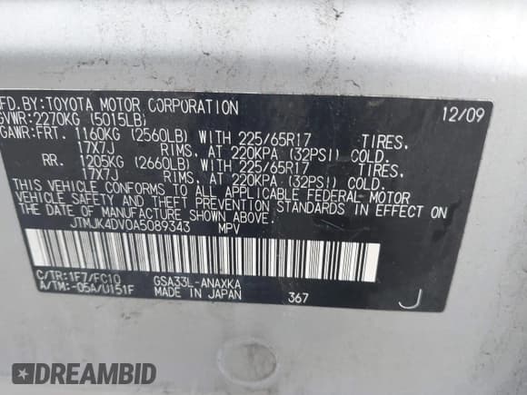 ✅ 2010 Toyota RAV4 • VIN: JTMJK4DV0A5089343 • Lot: 42277370. Listed on IAAI with 289,745 mi. Free auction sales archive from the USA and detailed vehicle history report at DreamBid. Image 9.