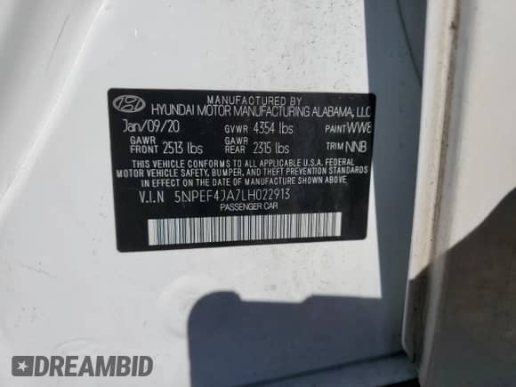 2020 Hyundai Sonata SEL с VIN 5NPEF4JA7LH022913, выставлен на аукционе Copart как лот 70807695 с пробегом 55 870 миль миль и Списание • Salvage title. История ставок и продаж доступна на DreamBid. Изображение 12.