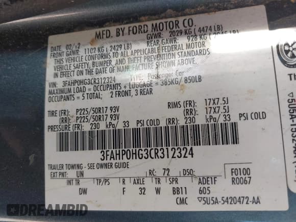 ✅ 2012 Ford Fusion SE • VIN: 3FAHP0HG3CR312324 • Lot: 43588313. Listed on IAAI with Not provided. Free auction sales archive from the USA and detailed vehicle history report at DreamBid. Image 9.