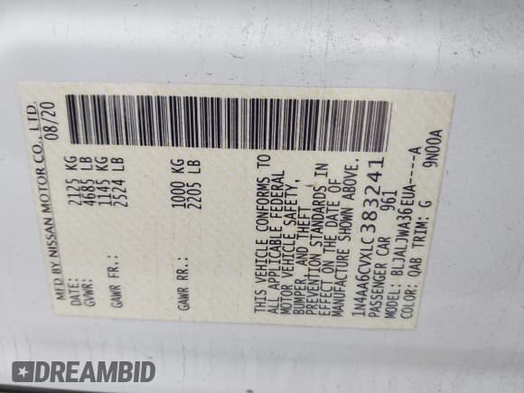 ✅ 2020 Nissan Maxima SV • VIN: 1N4AA6CVXLC383241 • Lot: 43652842. Listed on IAAI with 64,684 mi. Free auction sales archive from the USA and detailed vehicle history report at DreamBid. Image 9.