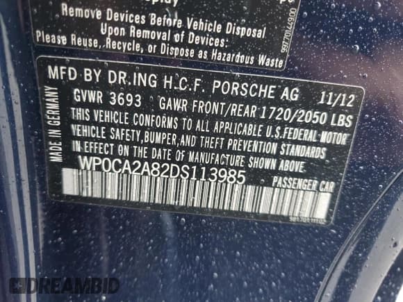 ✅ 2013 Porsche Boxster • VIN: WP0CA2A82DS113985 • Lot: 80802805. Wystawiony na Copart z przebiegiem 57 090 mil. Bezpłatny archiwum sprzedaży aukcyjnych z USA i szczegółowy raport historii pojazdu na DreamBid. Zdjęcie 12.