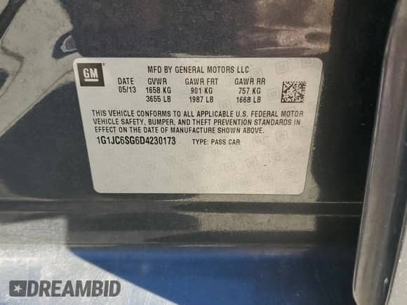 2013 Chevrolet Sonic LT with VIN 1G1JC6SG6D4230173, listed as a Copart auction lot 82782885 with 190,906 mi miles and Salvage title. Bid and sale history available at DreamBid. Image 12.