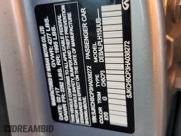 ✅ 2017 Infiniti QX30 • VIN: SJKCH5CP3HA038272 • Lot: 43038095. Listed on Copart with 66,630 mi. Free auction sales archive from the USA and detailed vehicle history report at DreamBid. Image 12.