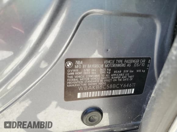 ✅ 2011 BMW 7 Series 750Li • VIN: WBAKB8C58BCY64611 • Lot: 61205805. Listed on Copart with 135,930 mi. Free auction sales archive from the USA and detailed vehicle history report at DreamBid. Image 12.