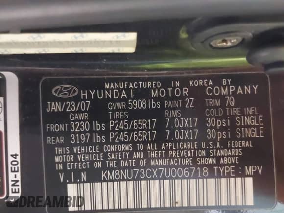 2007 Hyundai Veracruz GLS z VIN KM8NU73CX7U006718, wystawiony jako IAAI lot #41407609 z przebiegiem Nie podano mil oraz . Historia ofert i sprzedaży dostępna na DreamBid. Obrazek 9.