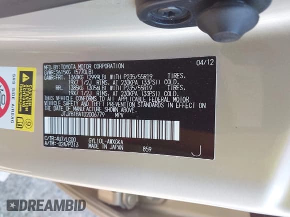 ✅ 2013 Lexus RX 450h • VIN: JTJZB1BA1D2006779 • Лот: 42564276. Опубликован ранее на IAAI с пробегом 54 303 миль. Бесплатный доступ к архиву аукционных продаж из США и подробный отчёт об истории автомобиля на DreamBid. Изображение 9.