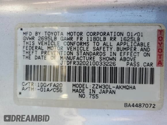 ✅ 2001 Toyota MR2 • VIN: JTDFR320210033226 • Lot: 83765725. Listed on Copart with 106,242 mi. Free auction sales archive from the USA and detailed vehicle history report at DreamBid. Image 12.