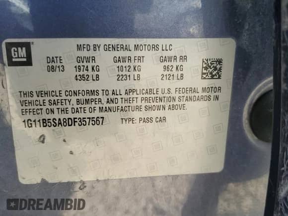 ✅ 2013 Chevrolet Malibu LS • VIN: 1G11B5SA8DF357567 • Lot: 68262044. Wystawiony na Copart z przebiegiem 154 186 mil mil. Skorzystaj z bezpłatnego archiwum sprzedaży aukcyjnych z USA i zobacz szczegółowy raport historii pojazdu na DreamBid. Zdjęcie 12.