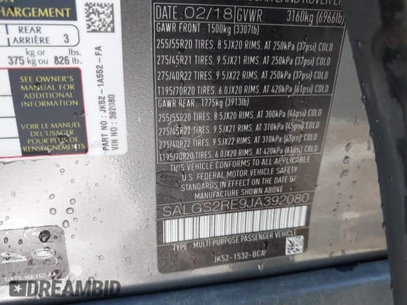 ✅ 2018 Land Rover Range Rover • VIN: SALGS2RE9JA392080 • Lot: 43351556. Listed on IAAI with 43,663 mi. Free auction sales archive from the USA and detailed vehicle history report at DreamBid. Image 9.