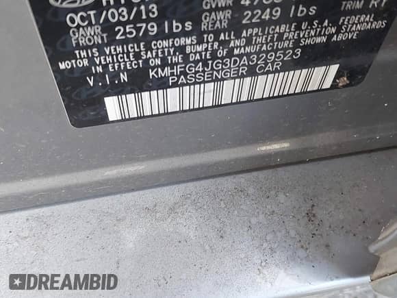 2013 Hyundai Azera with VIN KMHFG4JG3DA329523, listed as a IAAI auction lot 43593562 with 93,702 mi miles and . Bid and sale history available at DreamBid. Image 9.