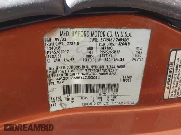 ✅ 2004 Mercury Mountaineer Convenience • VIN: 4M2DU66WX4ZJ03054 • Лот: 42041152. Опубликован ранее на IAAI с пробегом 280 326 миль. Бесплатный доступ к архиву аукционных продаж из США и подробный отчёт об истории автомобиля на DreamBid. Изображение 9.