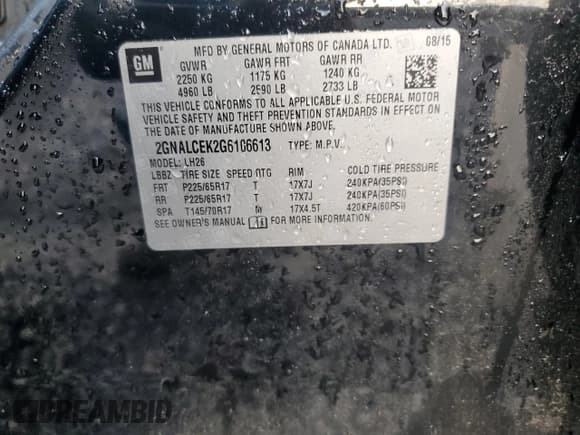 ✅ 2016 Chevrolet Equinox LT • VIN: 2GNALCEK2G6106613 • Lot: 91644205. Listed on Copart with 114,705 mi. Free auction sales archive from the USA and detailed vehicle history report at DreamBid. Image 13.