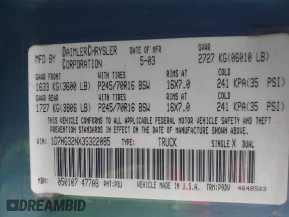 2003 Dodge Dakota Sport z VIN 1D7HG32NX3S322085, wystawiony jako IAAI lot #41780125 z przebiegiem 95 321 mil mil oraz . Historia ofert i sprzedaży dostępna na DreamBid. Obrazek 9.